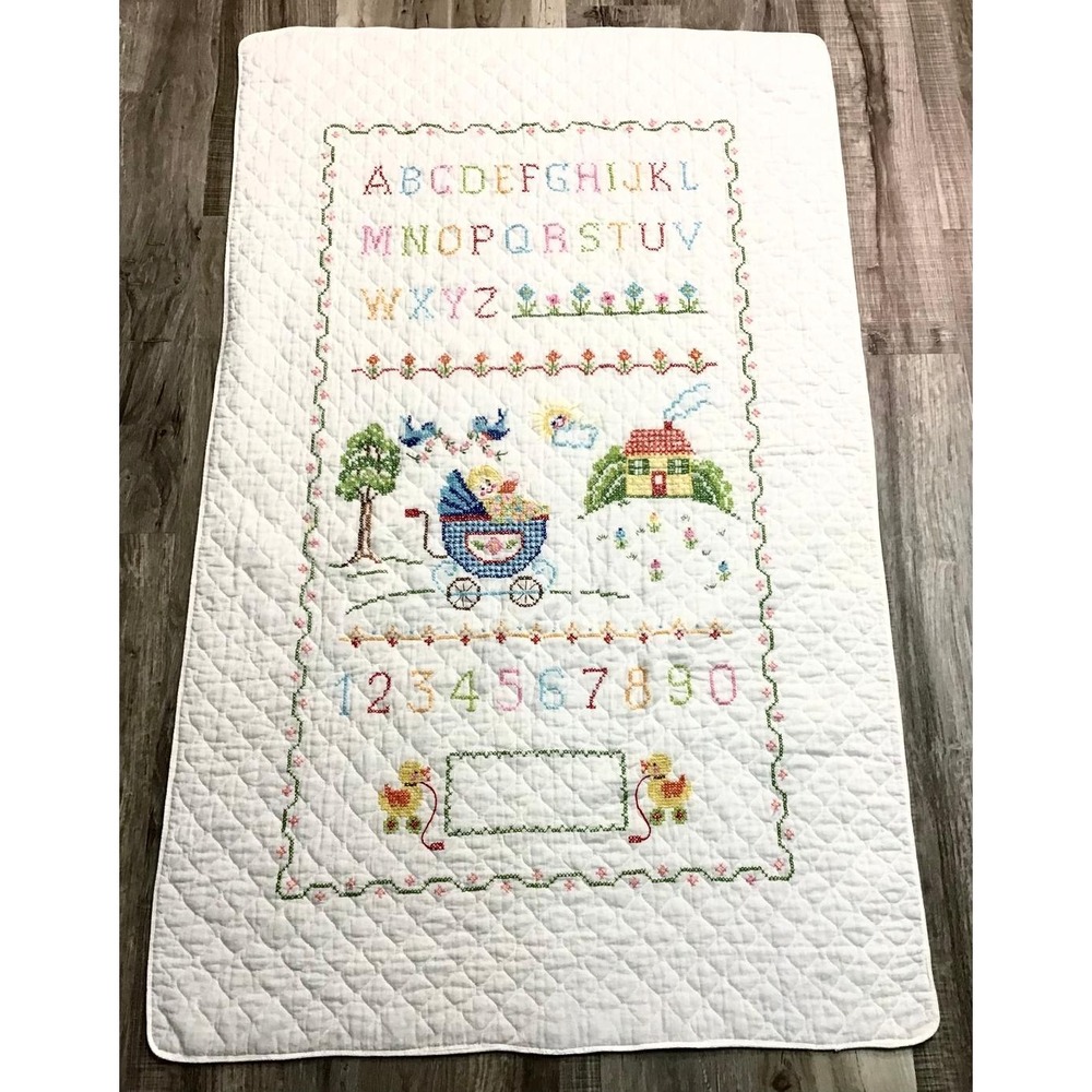 Vintage Hand Cross Stitch Baby Crib Quilt Alphabet ABC Nursery Sampler 34x57 - Picture 2 of 12